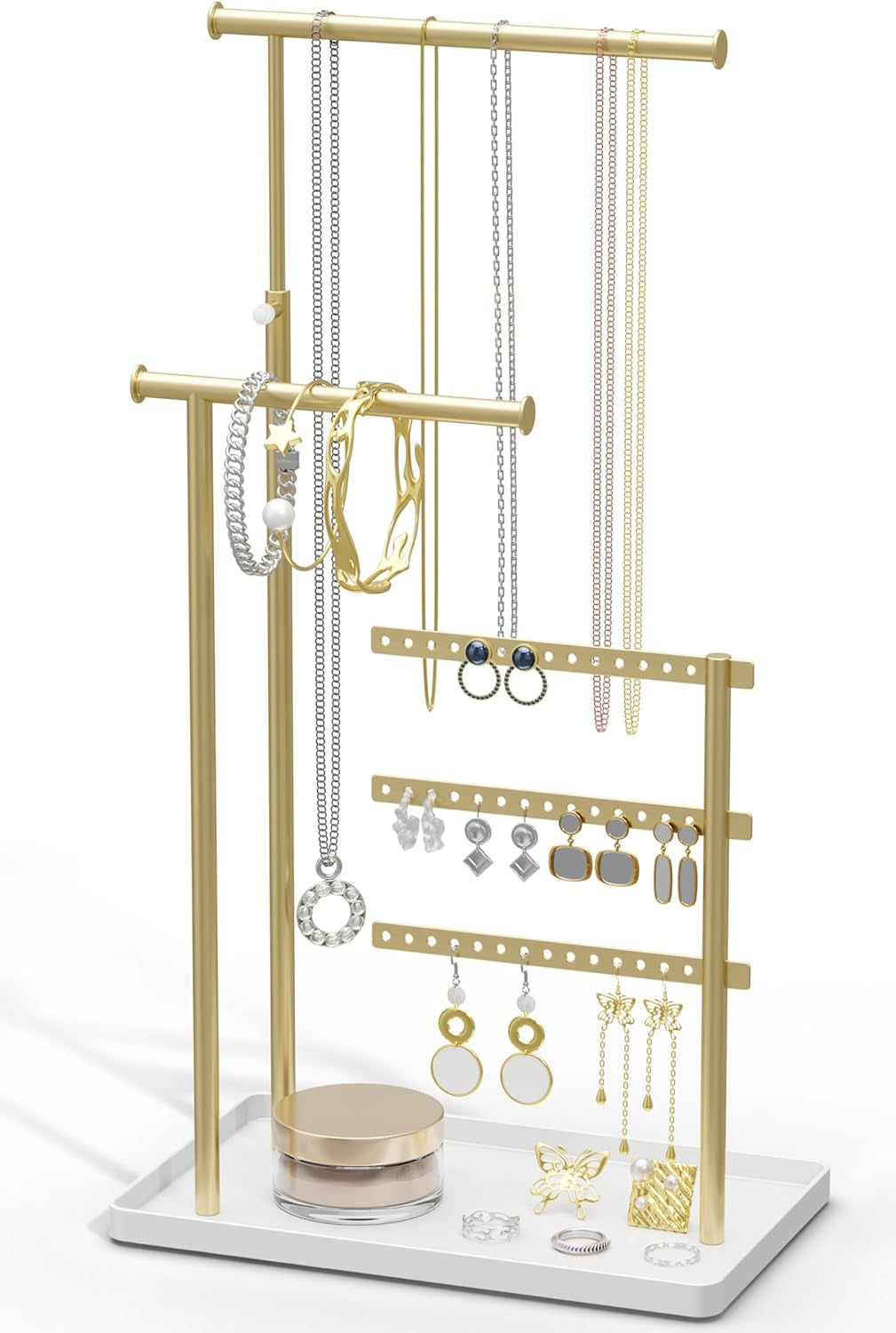 Jewelry Holder Organizer Stand Adjustable Tall 17.5" (Max) Sturdy Jewelry Hanger for Necklaces, Earrings, Bracelets, Rings, Jewlery Display and Storage, Gold and White, Metal