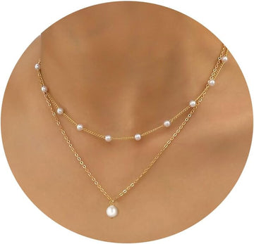  14K Gold Pearl Necklace Women,Plated Layered Freshwater Pearl Necklaces