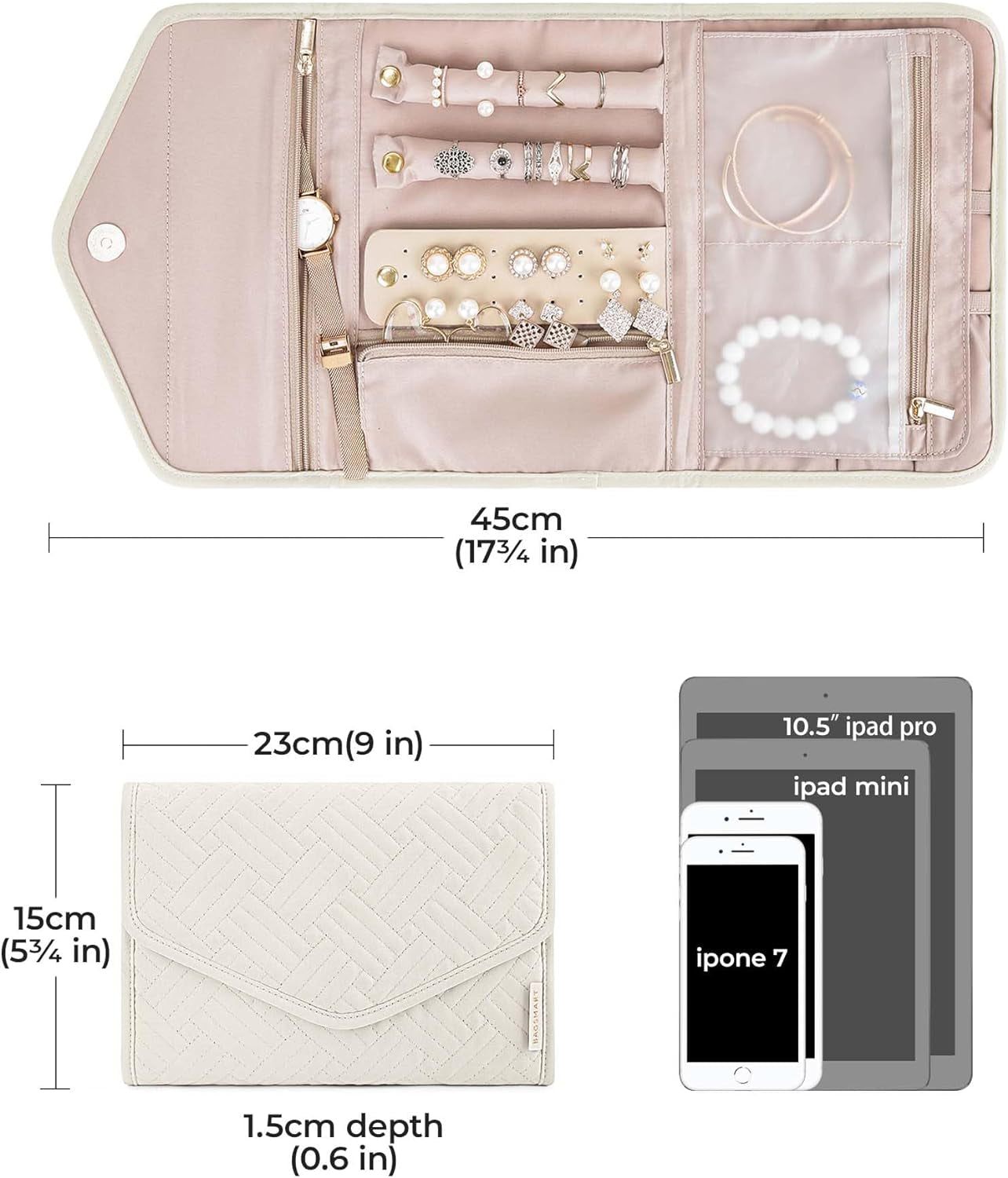 Travel Jewelry Organizer Roll Foldable Jewelry Case for Journey-Rings, Necklaces, Bracelets, Earrings,Beige