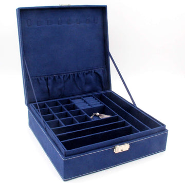 Two-Layer Jewelry Box Organizer Display Storage Case with Lock (Deep Blue)